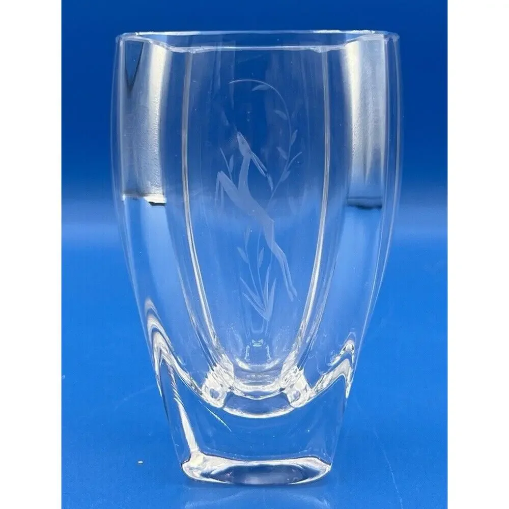 Vintage Skruf Sweden Etched Crystal Vase Deer‎ Prancing Wheat Grass *Pre-Owned*